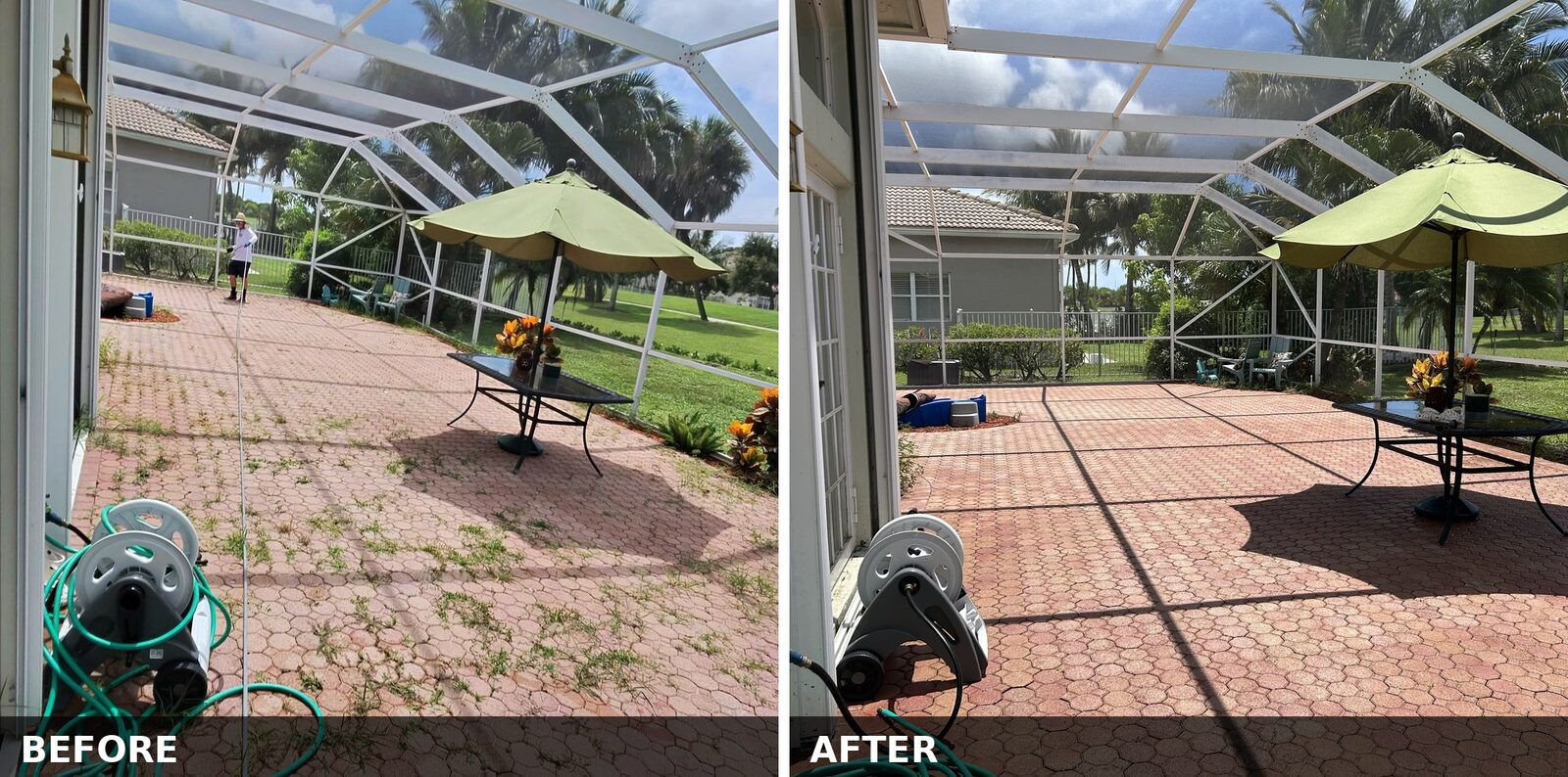Screened lanai viewed from the rear door before and after cleaning, both states shown in one image - weed growth through the paver joints on the left, cleared and cleaned paver deck on the right