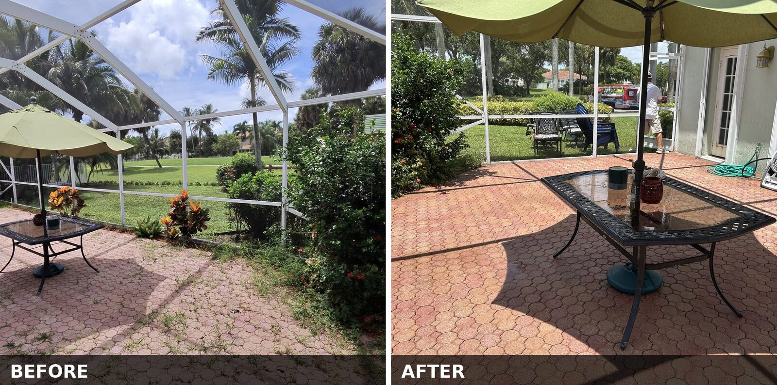 Screened lanai seating area before and after cleaning, both states shown in one image - weeds and darkened pavers on the left, cleaned paver deck on the right