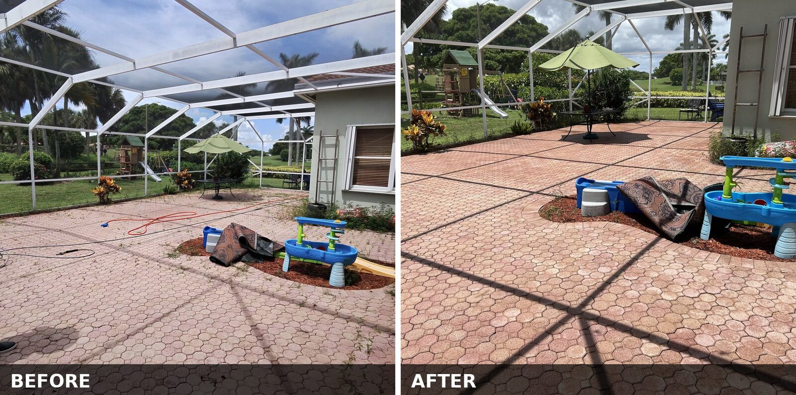Screened lanai looking toward the house before and after cleaning, both states shown in one image - weed growth between the pavers on the left, cleared paver deck and enclosure frame on the right