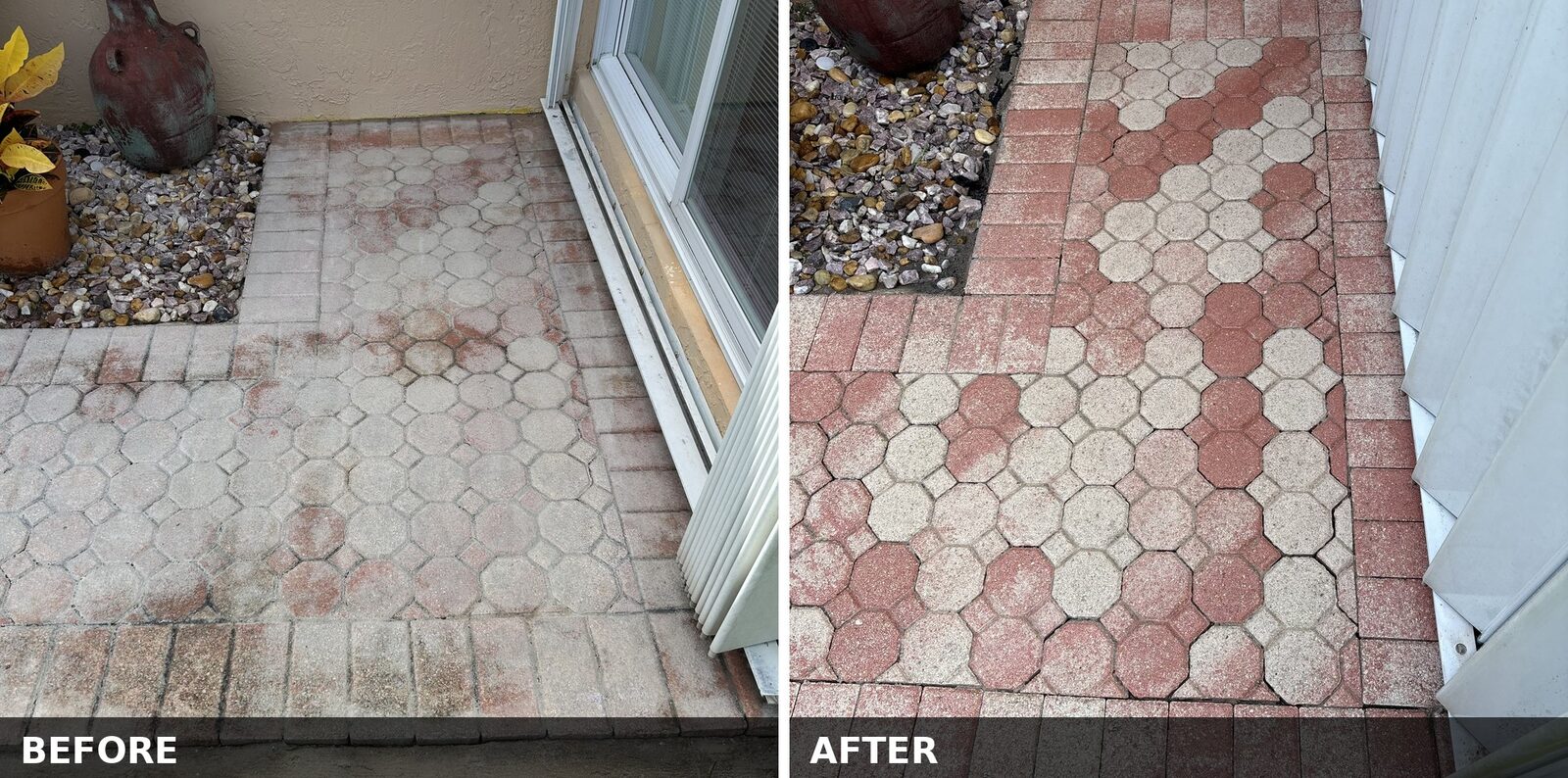 Paver entry landing before and after cleaning, both states shown in one image - grey organic staining on the left, restored red and tan paver colour on the right