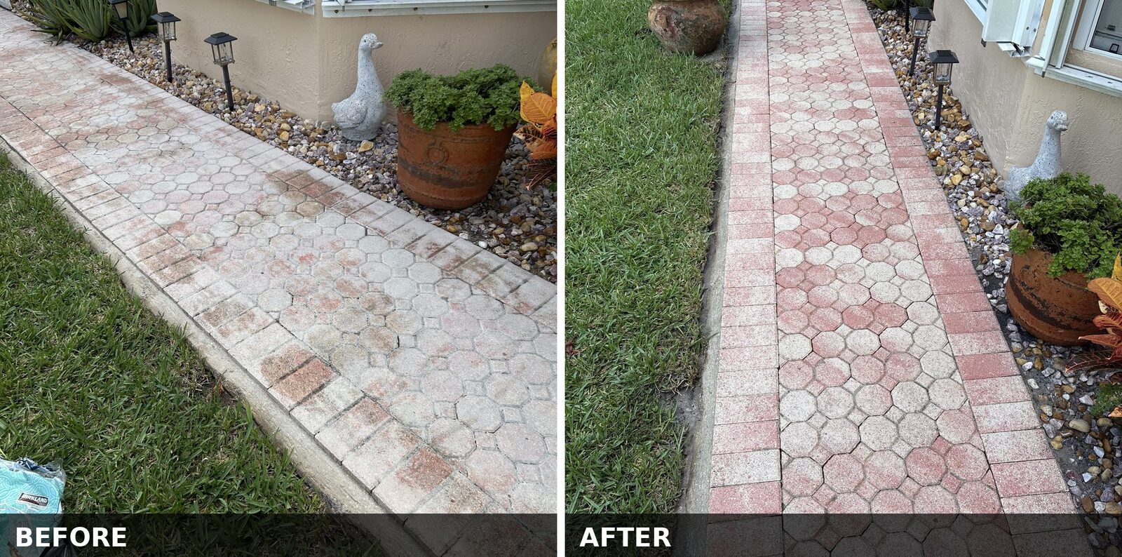 Paver walkway before and after pressure washing, both states shown in one image - grey organic staining on the left, restored red and tan paver colour on the right