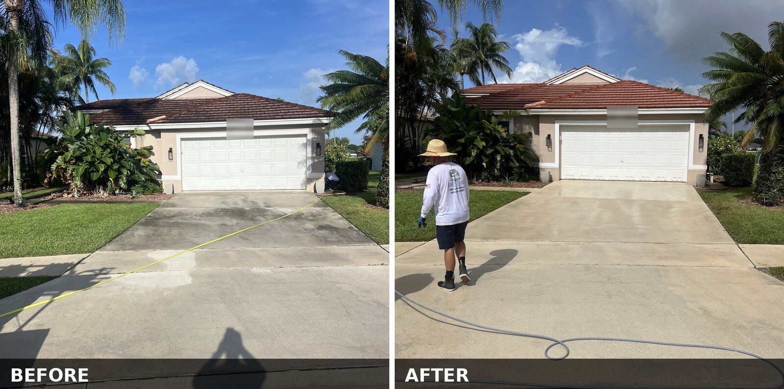 Tile roof and concrete driveway before and after soft wash and surface cleaning, both states shown in one image - darkened roof and stained driveway on the left, cleaned roof and driveway on the right
