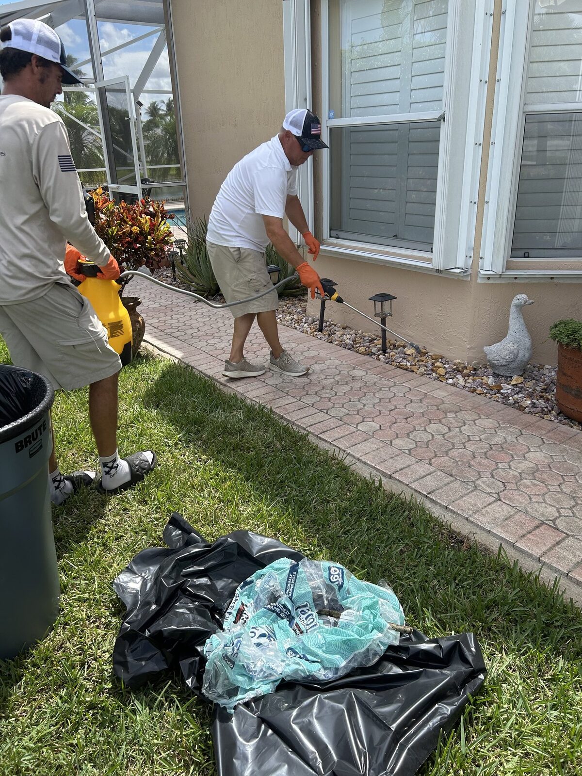 Two technicians applying low-pressure cleaning solution to a paver walkway beside a screened enclosure