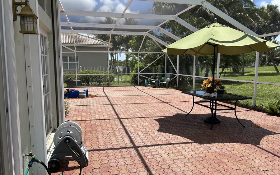 Paver deck flooring after cleaning viewed from the rear door