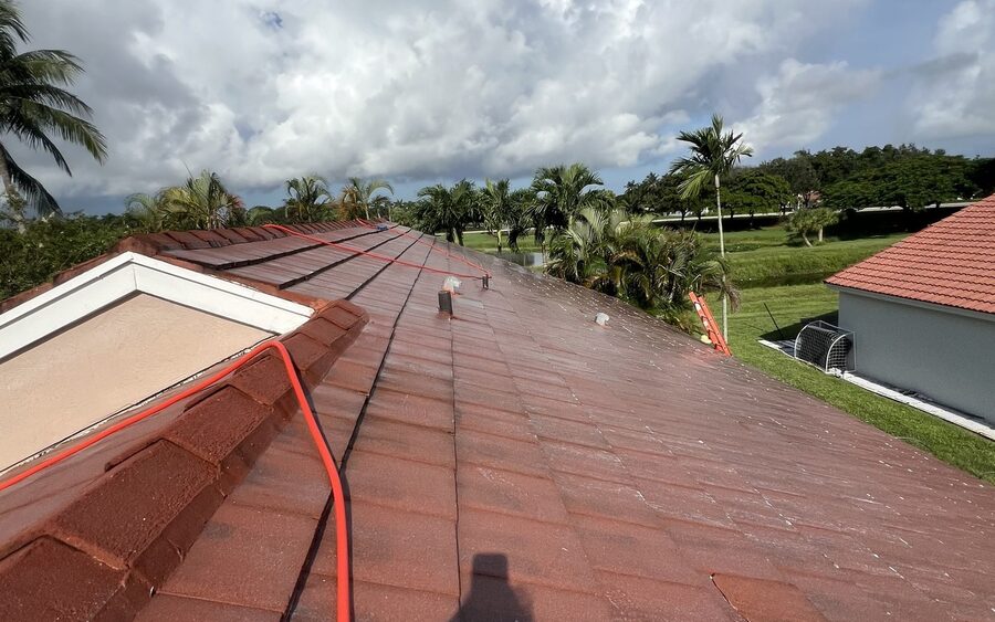 Tile roof after soft wash - original terracotta colour restored